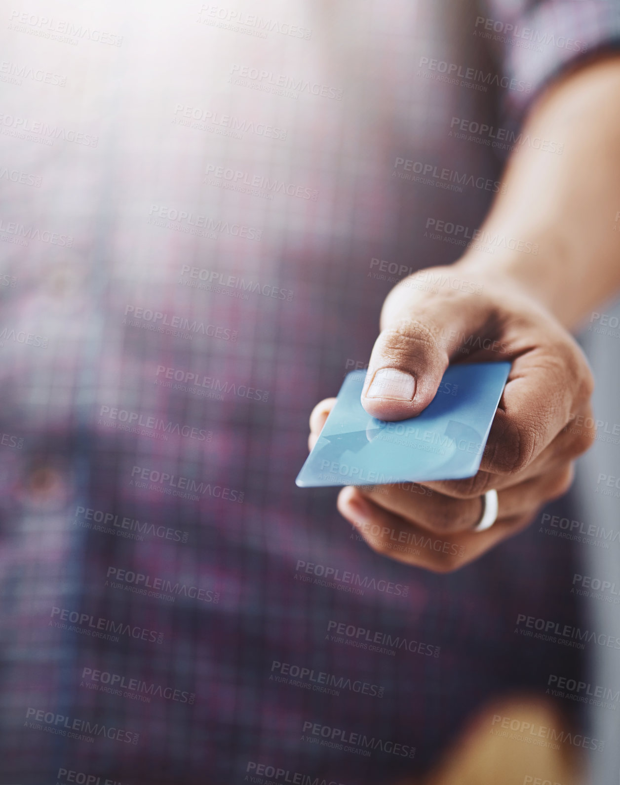 Buy stock photo Man, hand and credit card in finance for checkout payment, purchase or buying at retail store. Closeup of male person, hands or customer showing debit for shopping, transaction or banking to pay