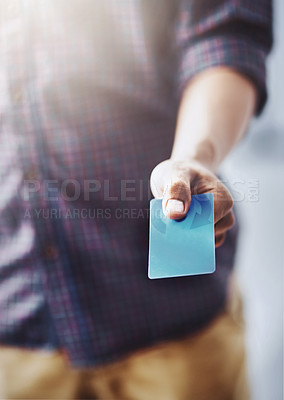 Buy stock photo Man, hand and credit card for payment, checkout or purchase product at retail shop or store. Closeup of male person, hands or customer showing debit for shopping, transaction or banking to pay
