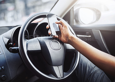Buy stock photo Person, texting and driving with phone on steering wheel with scroll, danger and risk. Road safety, awareness and driver in car with hand on smartphone, distraction and attention with auto insurance