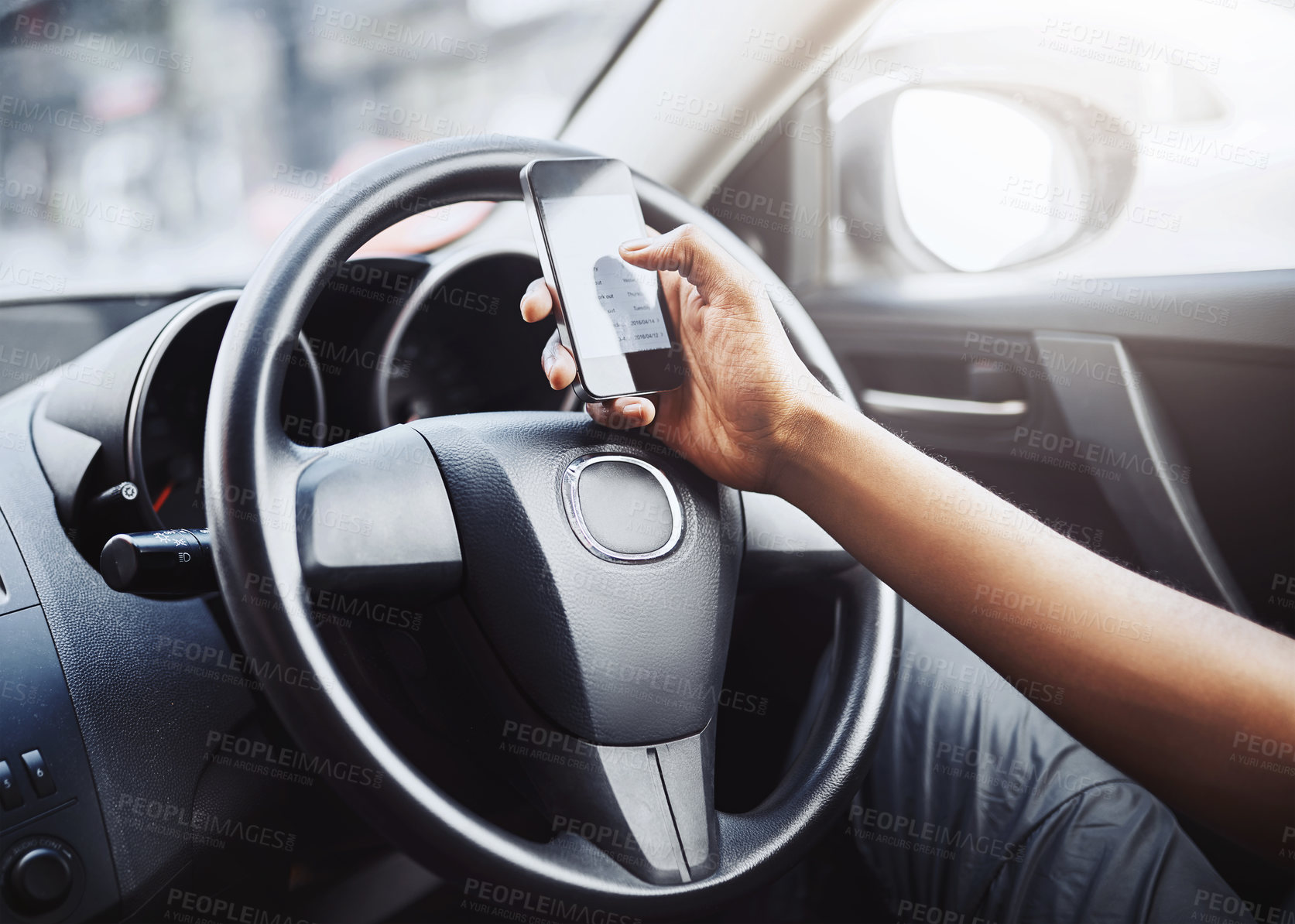 Buy stock photo Person, texting and driving with phone on steering wheel with scroll, danger and risk. Road safety, awareness and driver in car with hand on smartphone, distraction and attention with auto insurance