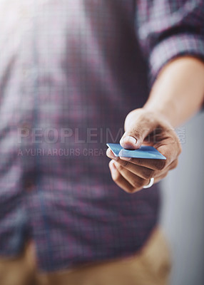 Buy stock photo Man, hand and credit card for online shopping, checkout or payment and purchase at retail store. Closeup of male person, hands or customer showing debit for finance, transaction or banking to pay