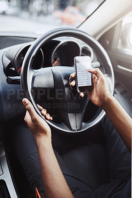 Buy stock photo Danger, texting and driving with hands of person on steering wheel with scroll, phone and risk. Road safety, awareness and driver in car with smartphone, distraction and attention with auto insurance