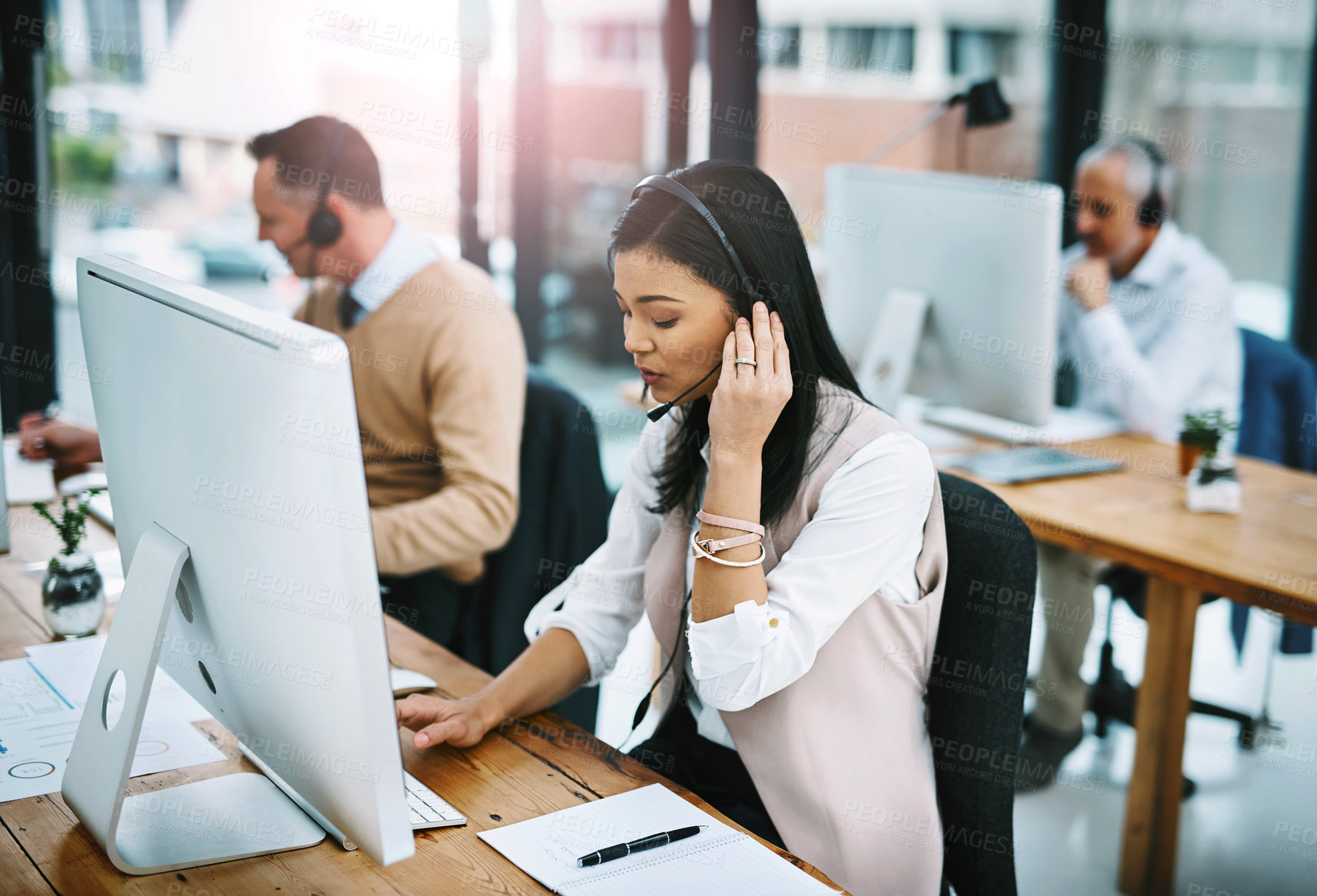 Buy stock photo Woman, computer and call centre advisor in coworking office, crm and consultant for support. Female person, headset and telemarketer for sale service, contact and virtual assistant for customer care