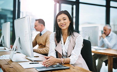 Buy stock photo Portrait, businesswoman and smile in office, desk and computer. Woman, corporate and company for human resources, professional and workspace with confident, paperwork and agency, colleagues and admin