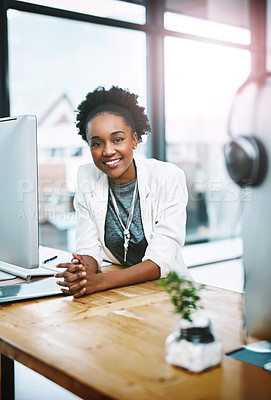Buy stock photo Employee, portrait and black woman with a smile, office and computer with development, career and professional. Face, female person and consultant with startup success, technology and confidence