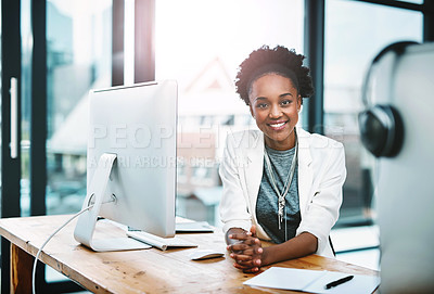 Buy stock photo Business, portrait and black woman with a smile, startup success and computer with confidence, career and professional. Face, female person or employee with happiness, pc or development for a project
