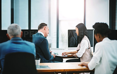 Buy stock photo Employees, report and talking together by office desk with explain for help, collaboration and colleagues. Woman, senior man and teamwork for discussion in marketing agency with computer and document