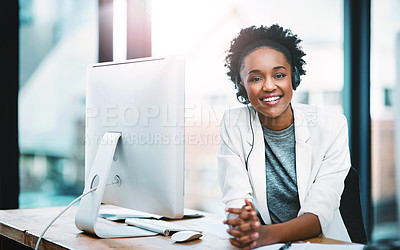 Buy stock photo Call center, portrait of businesswoman with headset and computer at desk in her office. Online communication or corporate, customer service or happy consultant and black woman smile at workplace