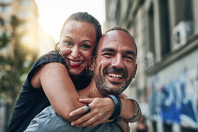 Buy stock photo Portrait, mature couple and piggyback in city for love, vacation or travel for holiday. Happy man, support or carry woman in New York for milestone celebration, anniversary or playful energy for care