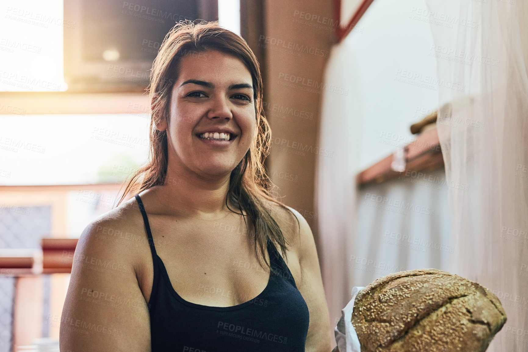 Buy stock photo Bakery, bread and portrait of woman in store for small business, entrepreneur and restaurant. Coffee shop manager, barista and waitress with person in cafe for food service, server and hospitality