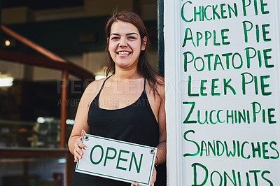 Buy stock photo Bakery, open sign and portrait of woman in cafe for small business, entrepreneur and restaurant. Coffee shop manager, barista and waitress with person for food service, server and hospitality