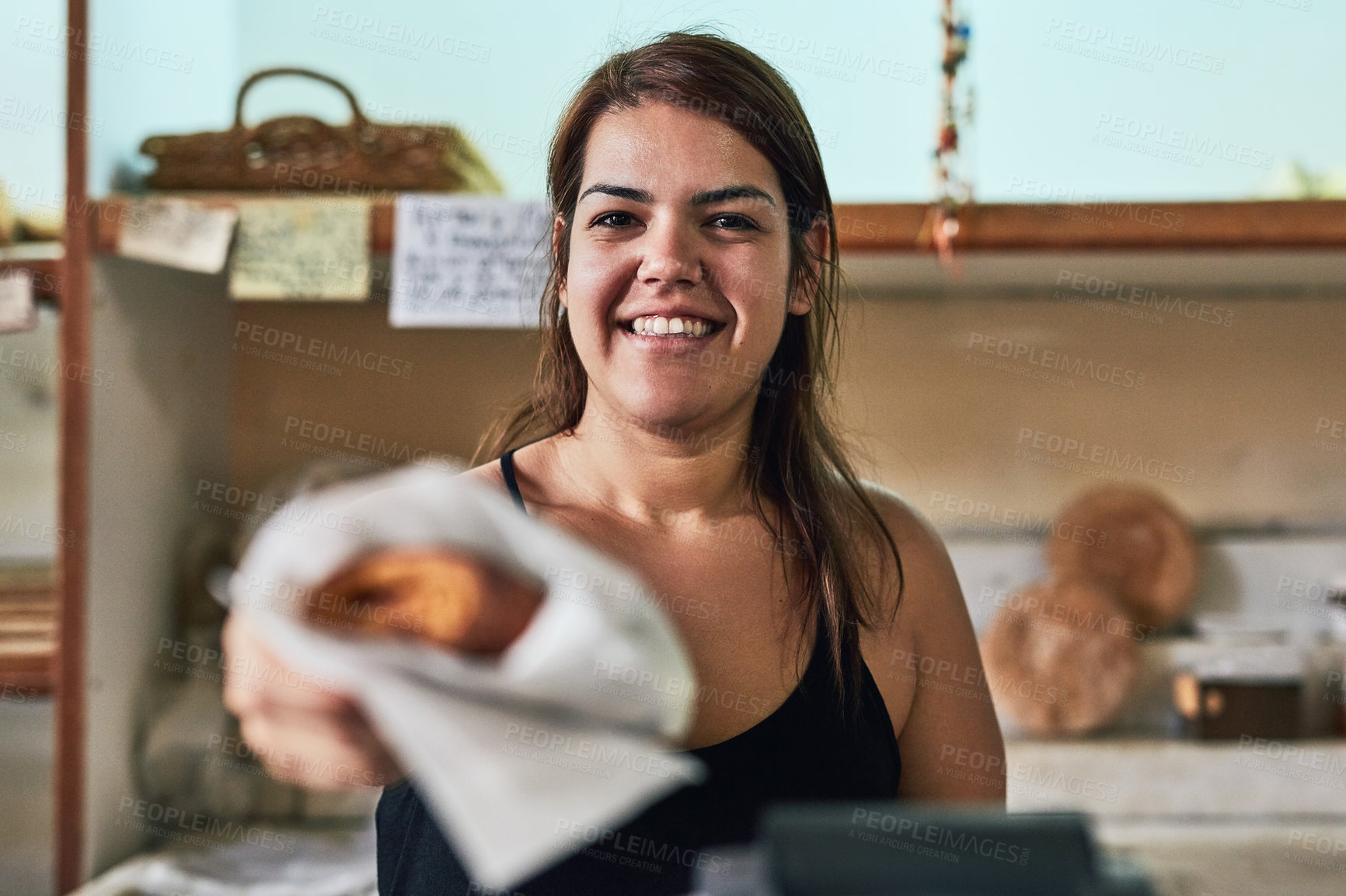 Buy stock photo Bakery, serve and portrait of woman in store for small business, entrepreneur and restaurant. Coffee shop manager, barista and waitress with person in cafe for food service, server or hospitality pov