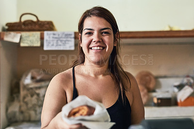 Buy stock photo Bakery, food and portrait of woman in store for small business, entrepreneur and restaurant. Coffee shop manager, barista and waitress with person in cafe for pastry service, server and hospitality