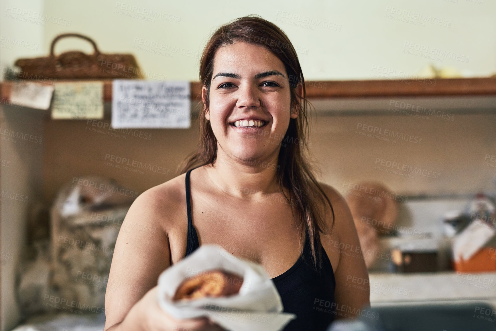 Buy stock photo Bakery, food and portrait of woman in store for small business, entrepreneur and restaurant. Coffee shop manager, barista and waitress with person in cafe for pastry service, server and hospitality