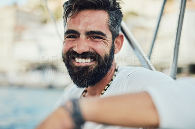 Buy stock photo Portrait, man and smile on yacht for luxury, fun and adventure in ocean or sea on summer vacation. Male person, happiness and relax on boat for sailing, holiday and travel on water with joy in Monaco