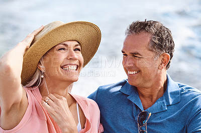 Buy stock photo Happy, mature couple and boat on vacation for travel, bonding and adventure on ocean with transport. Smile, retirement and people relax on together for holiday outdoor, sea and tropical romance