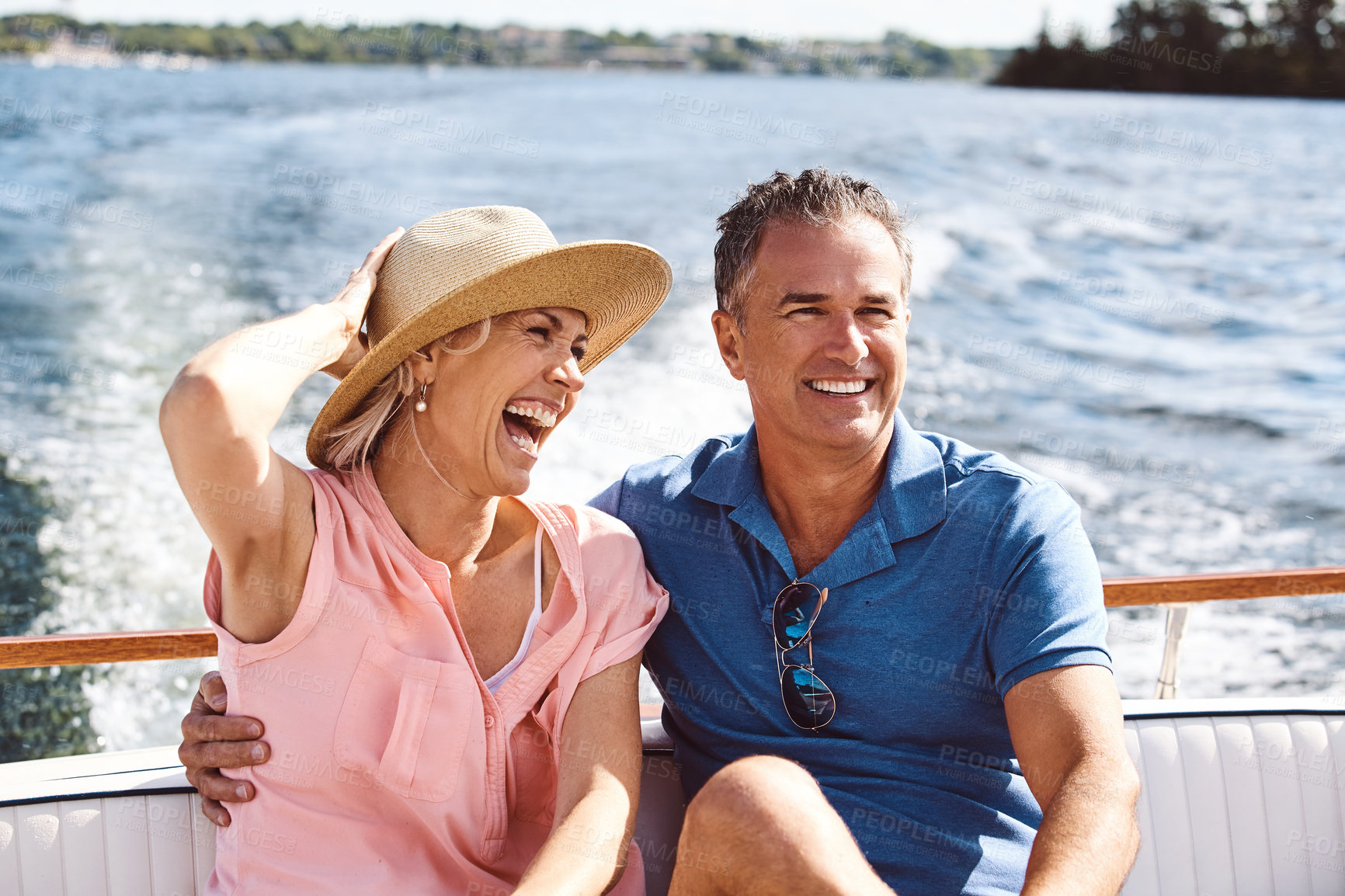 Buy stock photo Mature couple, happy and yacht cruise for relax, bonding and holiday on ocean together in retirement. Man, woman and smile on luxury boat at sea for love, vacation and romantic adventure in summer