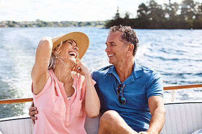 Buy stock photo Mature couple, happy and boat sailing for relax, bonding and holiday on ocean together in retirement. Man, woman and smile on luxury yacht cruise for love, vacation and romantic adventure in summer