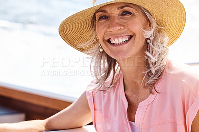 Buy stock photo Travel, freedom and portrait for woman on boat for sailing, adventure or summer vacation. Smile, retirement and relaxing with mature tourist and happy on deck of yacht for tropical, cruise or holiday