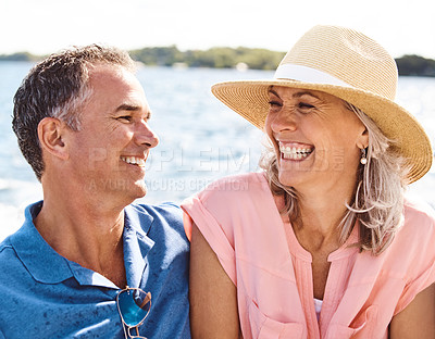 Buy stock photo Mature, couple and smile on boat with love for vacation travel, sailing and adventure journey on ocean transport. Happy, man and woman relax on yacht cruise, anniversary celebration and outdoor date