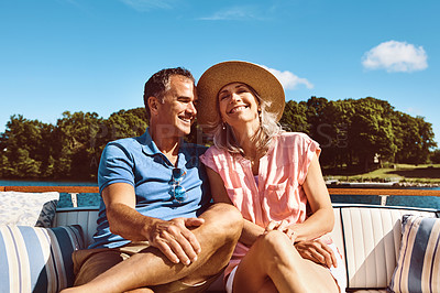 Buy stock photo Man, woman and yacht cruise for retirement, bonding and holiday on ocean together as relax. Mature couple, smile and happy on luxury boat at sea for love, vacation or tropical adventure by island