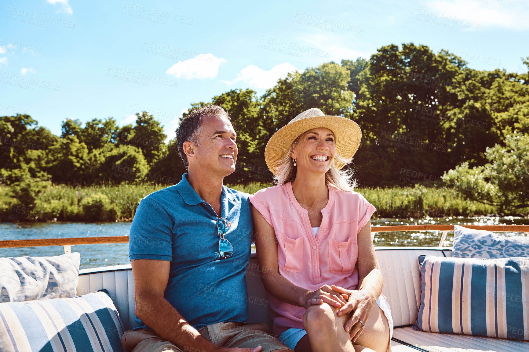 Buy stock photo Man, woman and boat cruise for retirement, bonding and holiday on ocean together as relax. Mature couple, happy and views on luxury yacht at sea for love, vacation or tropical adventure by island