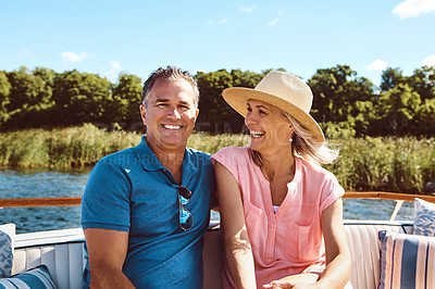 Buy stock photo Man, woman and boat cruise for retirement, bonding and holiday on ocean together as relax. Mature couple, portrait and happy on luxury yacht at sea for love, vacation or tropical adventure by island