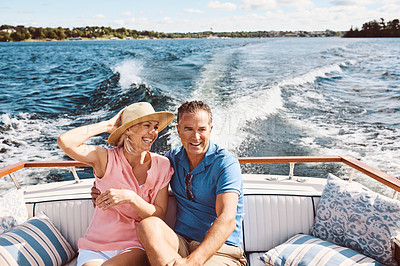 Buy stock photo Boat, excitement and travel with mature couple at sea together for holiday, getaway or vacation for anniversary. Cruise, smile or yacht with man and woman on water for bonding, romance or voyage