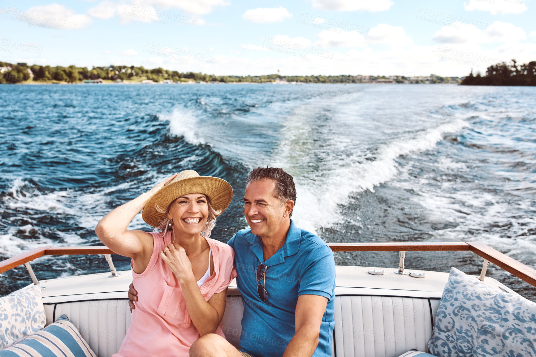 Buy stock photo Man, woman and boat cruise for holiday, bonding or retirement on ocean together with relax. Mature couple, happy and sailing on luxury yacht at sea for love, vacation or tropical adventure by Bahamas