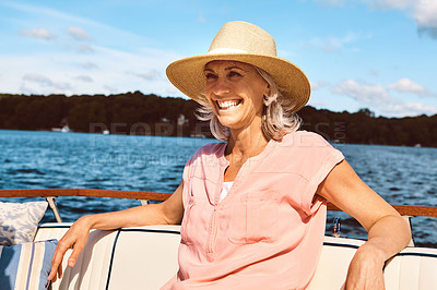 Buy stock photo Travel, freedom and relaxing with mature woman on boat for sailing, adventure and summer vacation. Smile, journey and excited with tourist and happy on deck of yacht for tropical, cruise and holiday