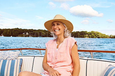 Buy stock photo Travel, freedom and happy with mature woman on boat for sailing, adventure and summer vacation. Smile, journey and excited with tourist and relaxing on deck of yacht for tropical, cruise and holiday