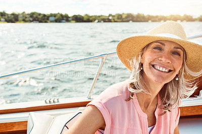 Buy stock photo Travel, portrait and smile with mature woman on boat for sailing, adventure and summer vacation. Happy, journey and excited with tourist and relaxing on deck of yacht for tropical, cruise and holiday