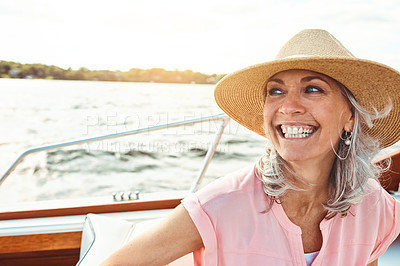 Buy stock photo Journey, freedom and happy with mature woman on boat for sailing, adventure and summer vacation. Smile, travel and excited with tourist and relaxing on deck of yacht for tropical, cruise and holiday