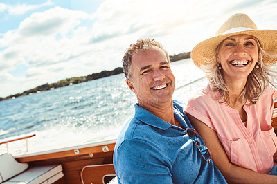 Buy stock photo Boat, portrait and travel with mature couple at sea together for holiday, getaway or vacation for retirement. Cruise ,love or smile with happy man and woman on yacht for bonding, romance or voyage