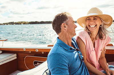 Buy stock photo Boat, cruise and smile with mature couple at sea together for holiday, getaway or vacation for anniversary. Love, travel or yacht with happy man and woman on water for bonding, romance or voyage