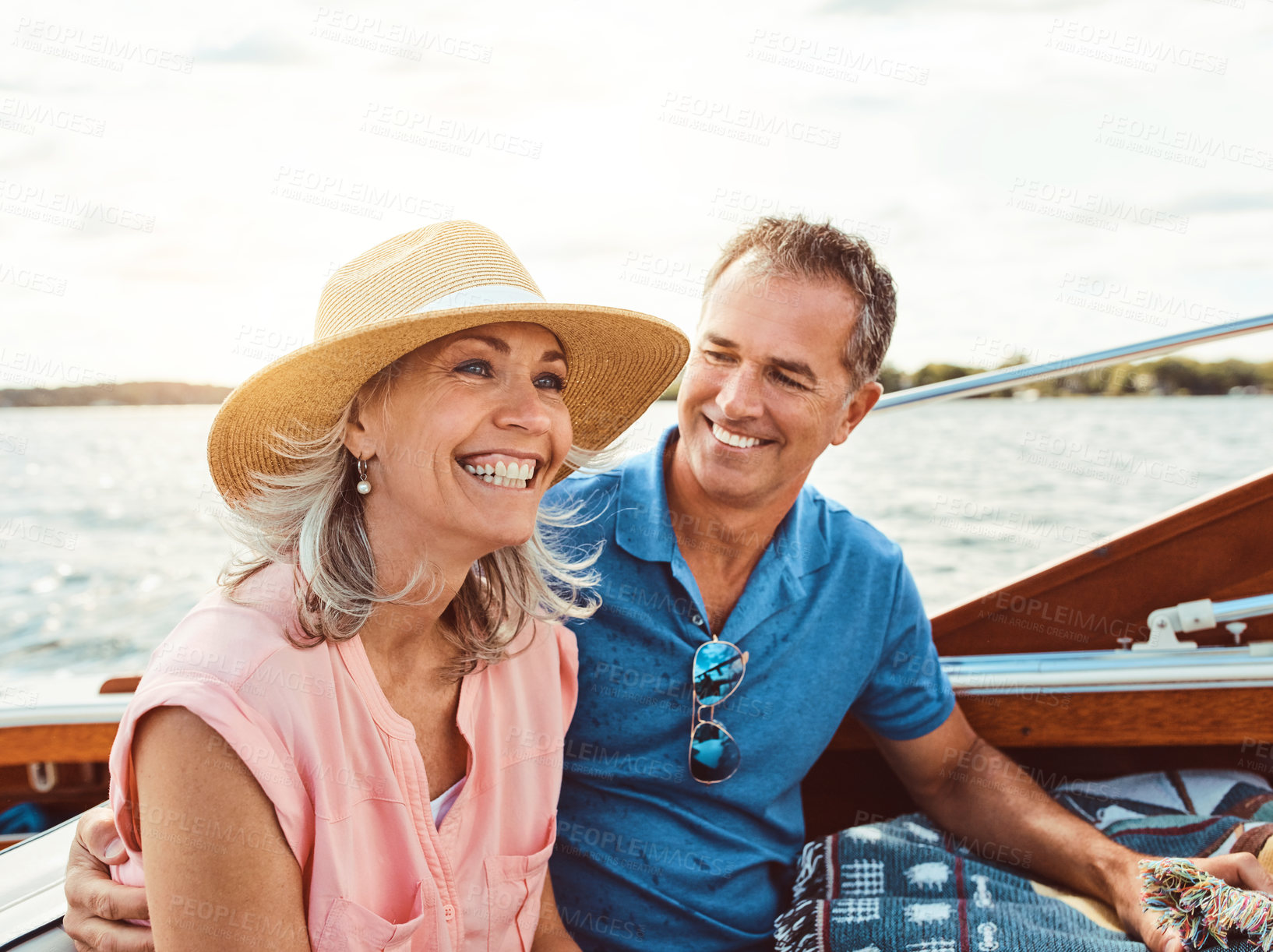 Buy stock photo Happy couple, ocean adventure and together in yacht on holiday, relax on cruise date for retirement travel. Mature, woman and man on water boat for vacation with happiness, outdoor summer in Bali