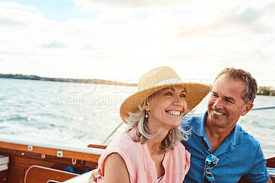 Buy stock photo Boat, love or travel with mature couple at sea together for holiday, getaway or vacation for anniversary. Cruise, smile or yacht with happy man and woman on water for bonding, romance or voyage