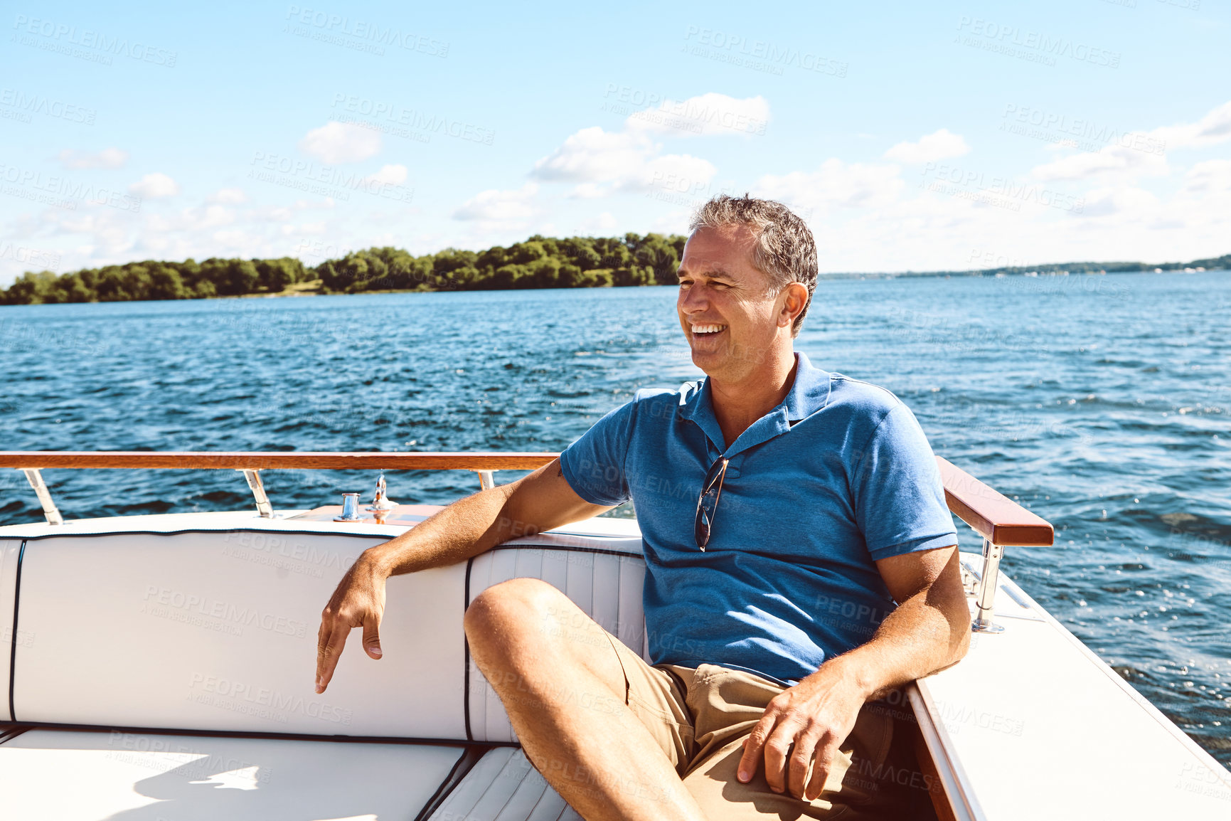 Buy stock photo Thinking, mature man and boat on vacation for travel, sailing and ideas of adventure journey on ocean transport. Smile, person and retirement, relax and yacht ship for holiday cruise on outdoor sea