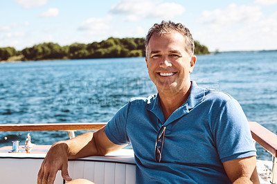 Buy stock photo Happy, mature man and boat on vacation for travel, sailing and adventure journey on ocean transport. Smile, sailor and portrait to relax on yacht ship for holiday cruise, sea and outdoor of tropical
