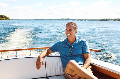 Buy stock photo Mature man, yacht and travel with thinking for retirement, smile on water cruise for future plan. Male person, boat or thoughtful for pension goal on summer vacation, happy trip on ocean in Bali