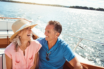 Buy stock photo Boat, cruise and laughing with mature couple at sea together for holiday, getaway or vacation for anniversary. Smile, travel or yacht with funny man and woman on water for bonding, romance or voyage