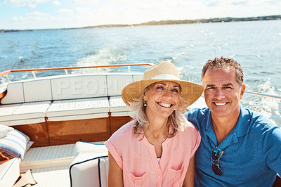 Buy stock photo Boat, cruise and portrait with mature couple at sea together for holiday, getaway or vacation for anniversary. Love, smile or travel with happy man and woman on yacht for bonding, romance or voyage