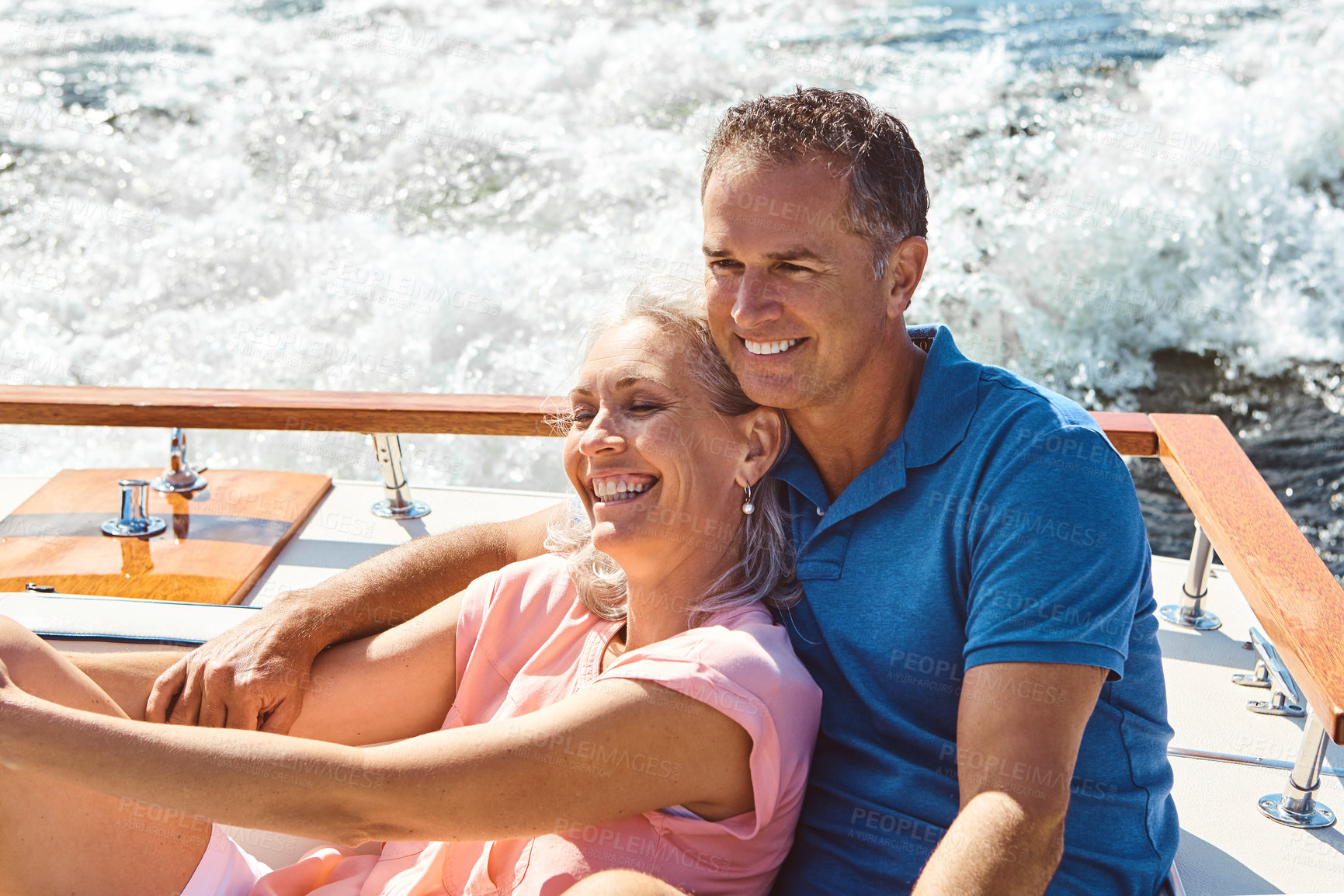 Buy stock photo Boat, romance and smile with mature couple at sea together for holiday, getaway or vacation for anniversary. Cruise. love, or travel with happy man and woman on yacht for bonding, romance or voyage