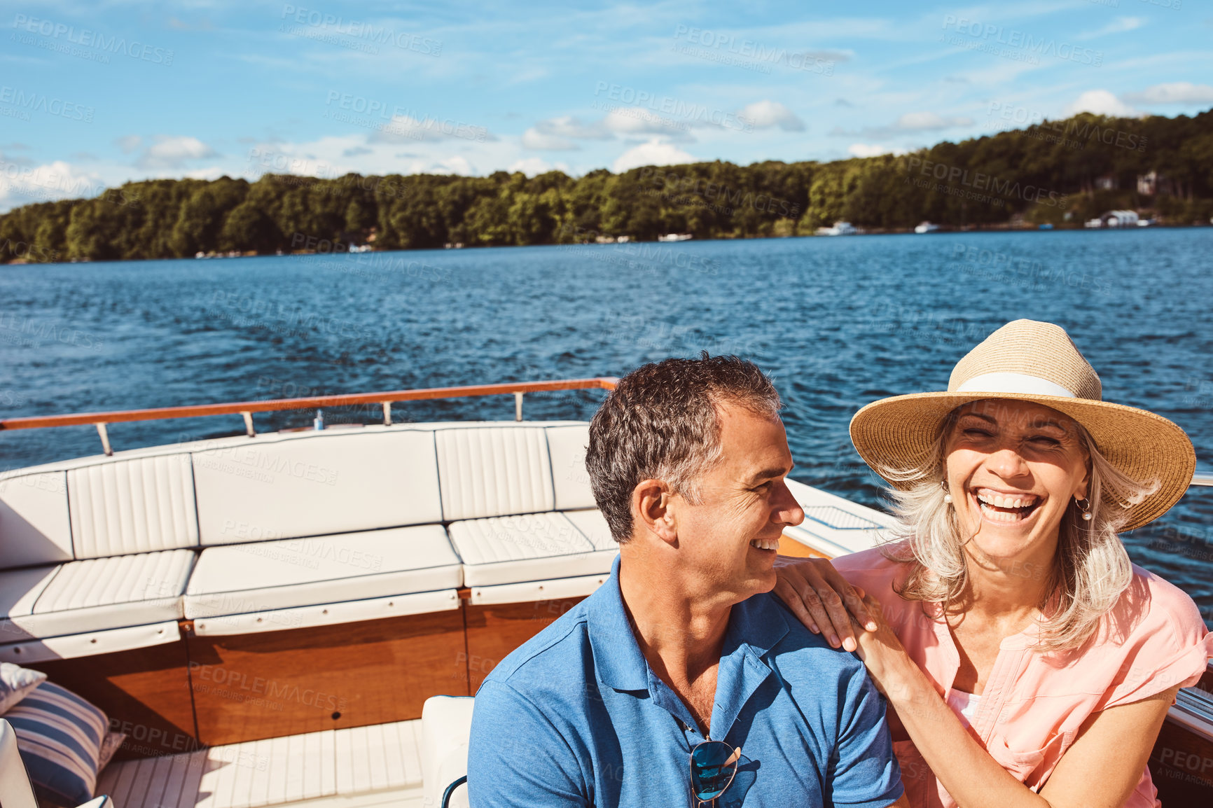 Buy stock photo Boat, funny or travel with mature couple at sea together for holiday, getaway or vacation for anniversary. Laughing, love or smile with happy man and woman on yacht for bonding, romance or voyage