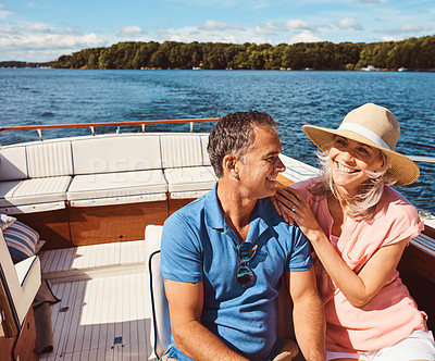 Buy stock photo Outdoor, travel and yacht with mature couple at sea together for holiday, getaway or vacation for anniversary. Boat, love or smile with happy man and woman on water for bonding, romance or voyage