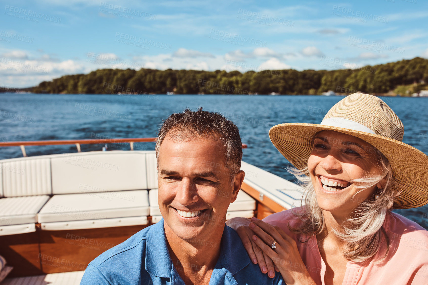 Buy stock photo Adventure, boat or travel with mature couple at sea together for holiday, getaway or vacation for anniversary. Cruise, love or yacht with happy man and woman on water for bonding, romance or voyage