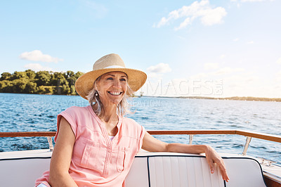 Buy stock photo Vacation, blue sky and freedom with mature woman on boat for sailing, adventure and summer travel. Smile, journey and excited with tourist and happy on deck of yacht for retirement, cruise or holiday