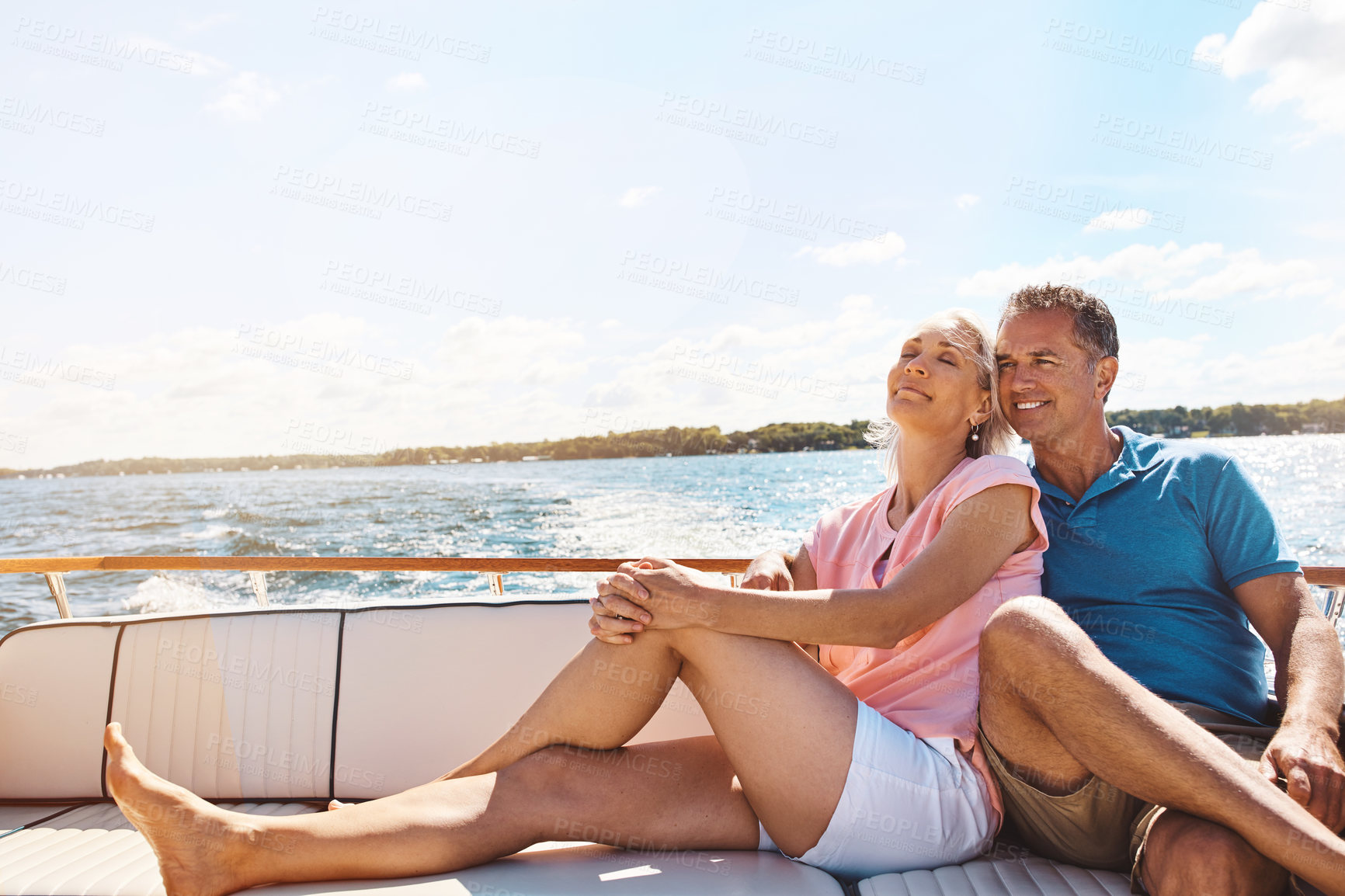 Buy stock photo Boat, smile and thinking with mature couple at sea together for holiday, getaway or vacation for anniversary. Cruise, idea or travel with happy man and woman on yacht for bonding, romance or voyage