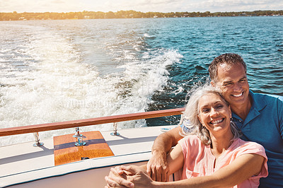 Buy stock photo Boat, outdoor and romance with mature couple on ocean together for holiday, getaway or vacation for anniversary. Happy, love or smile with man and woman on yacht for bonding, travel or voyage at sea