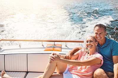 Buy stock photo Cruise, smile and yacht with mature couple at sea together for holiday, getaway or vacation for anniversary. Boat, relax or thinking with happy man and woman on water for bonding, romance or voyage